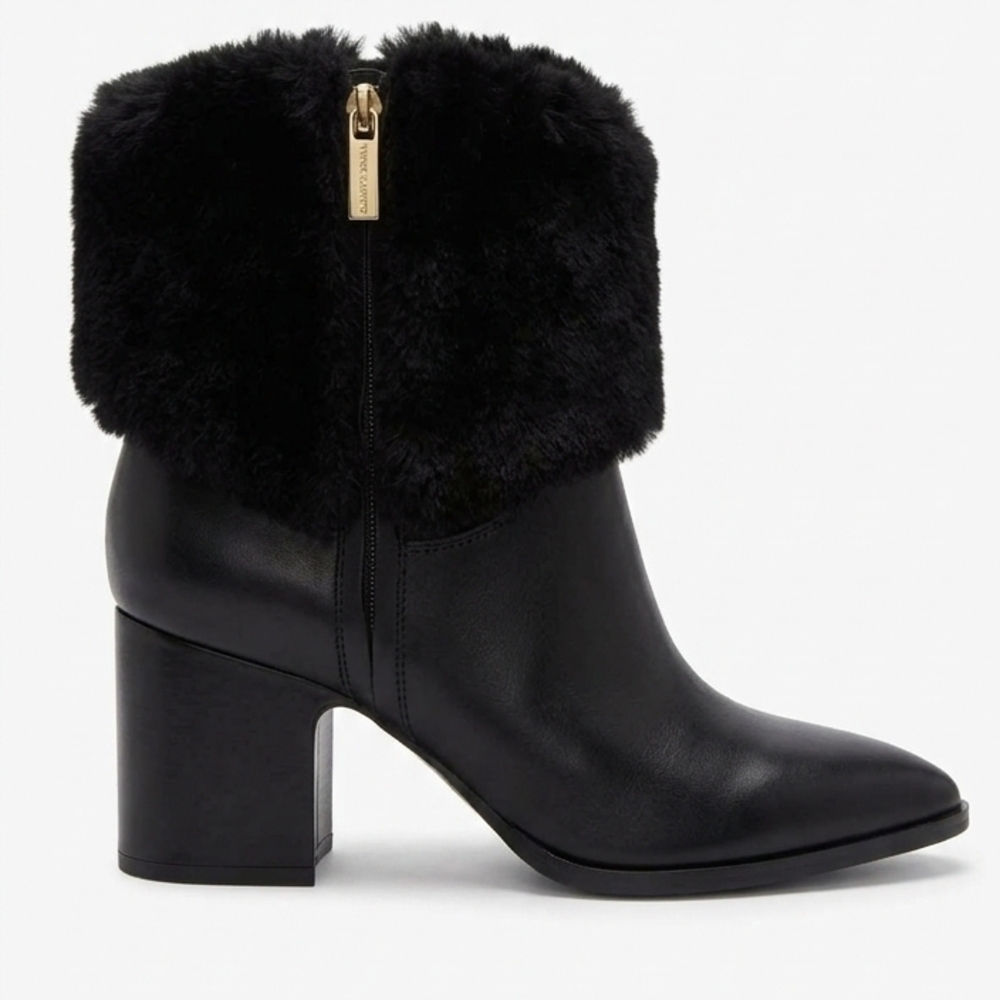 NWOT Vince Camuto Black Leather & Faux Fur Cuff Ankle Boots - Picture 4 of 8